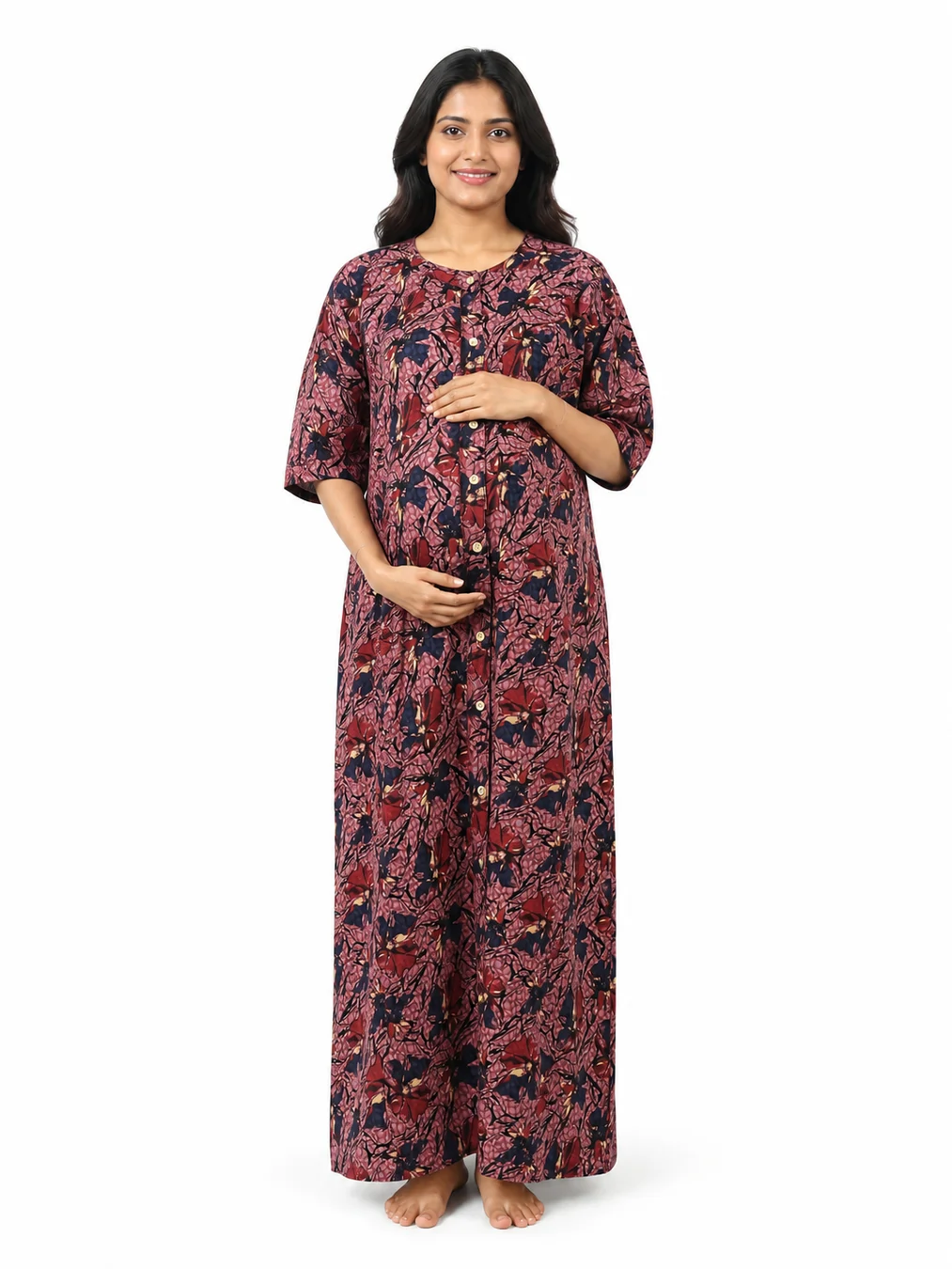 Rose cotton maternity nighty with full-front button opening