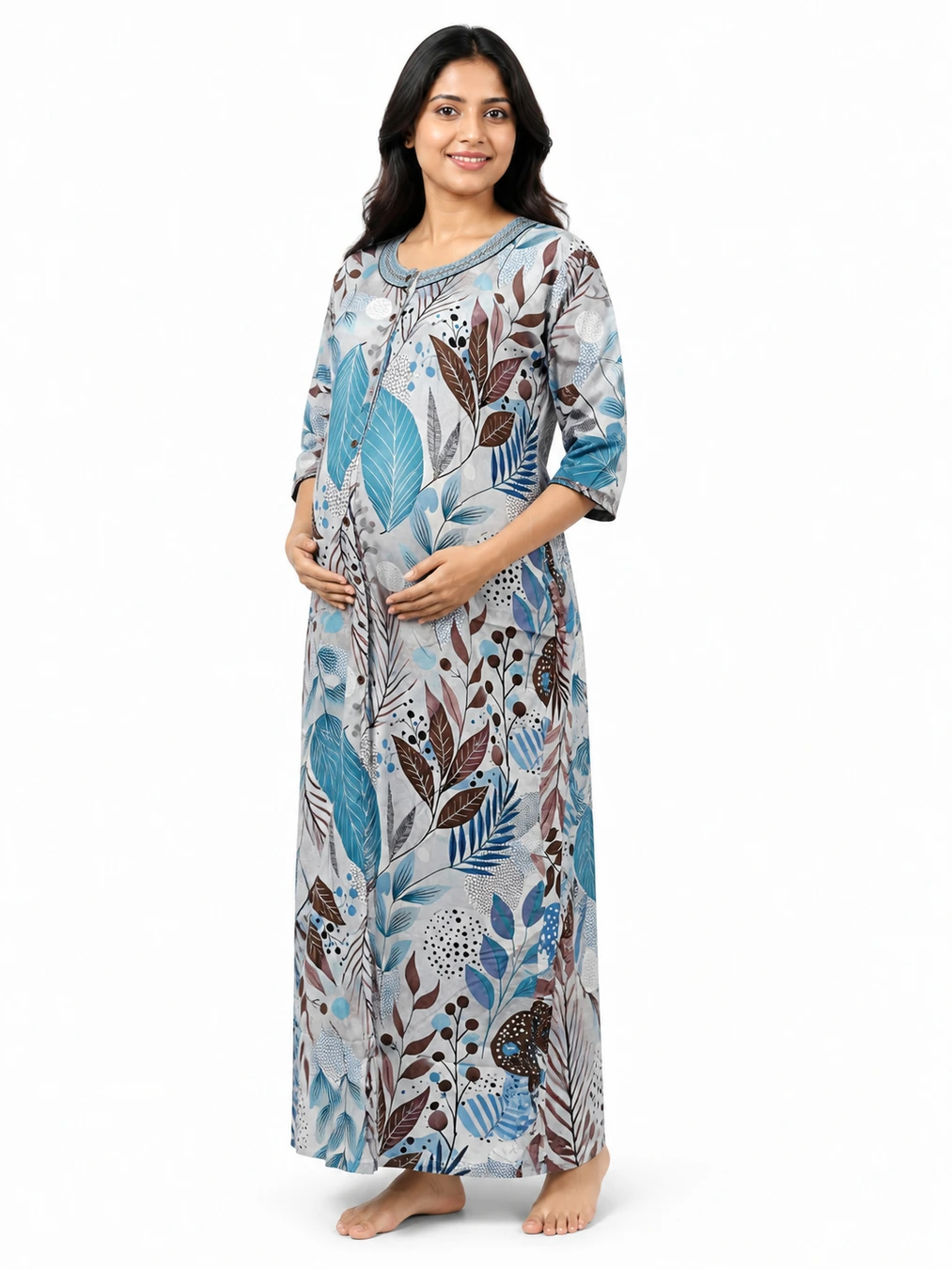 Ice Blue rayon front-open nighty with full button opening