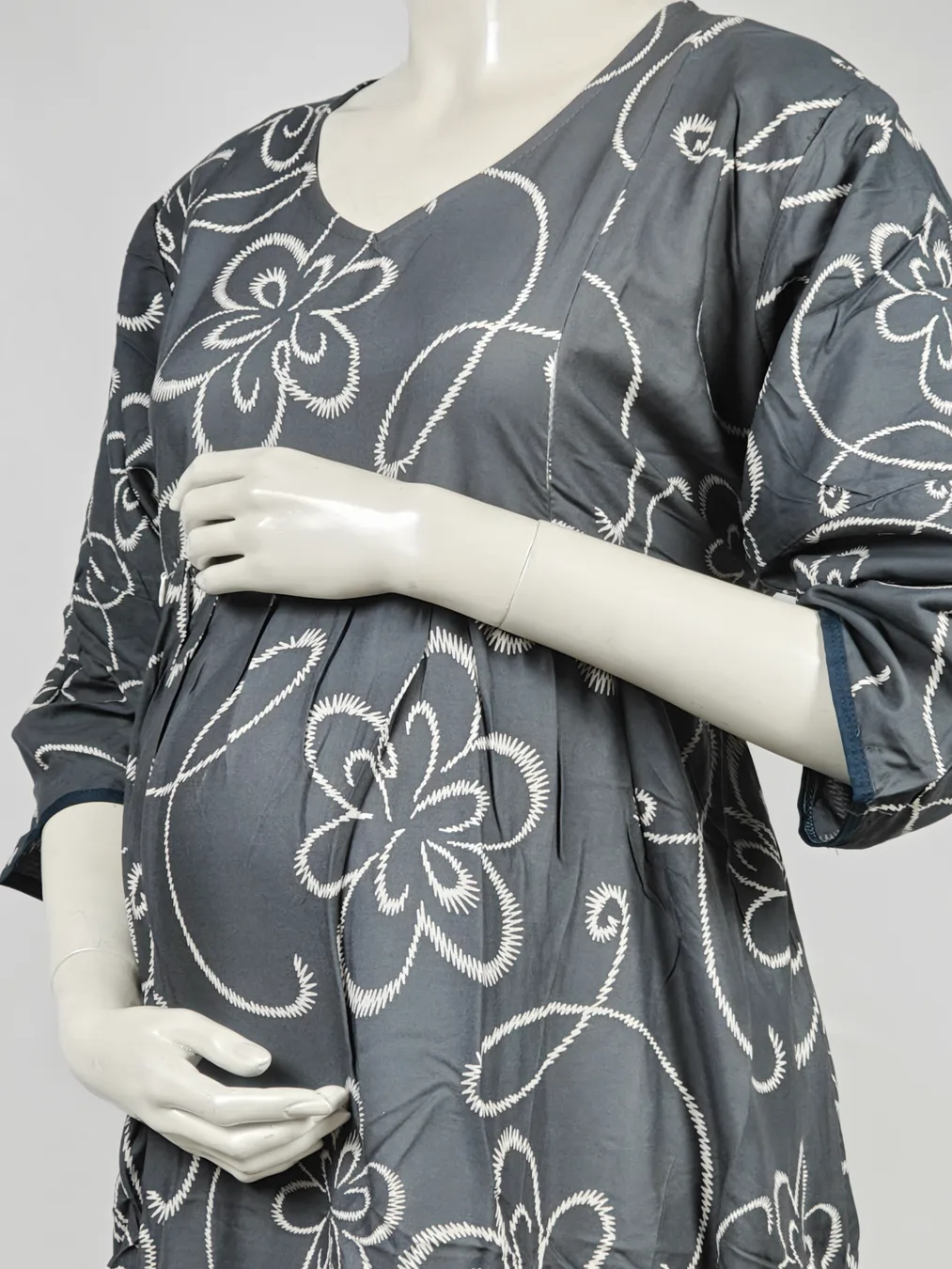 Dark Grey Rayon Frill Feeding Nighty with ruffled waist detail and dual concealed nursing zips