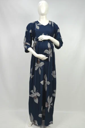 Navy Blue Alpine Frill Feeding Nighty with ruffled waist detail and dual concealed nursing zips