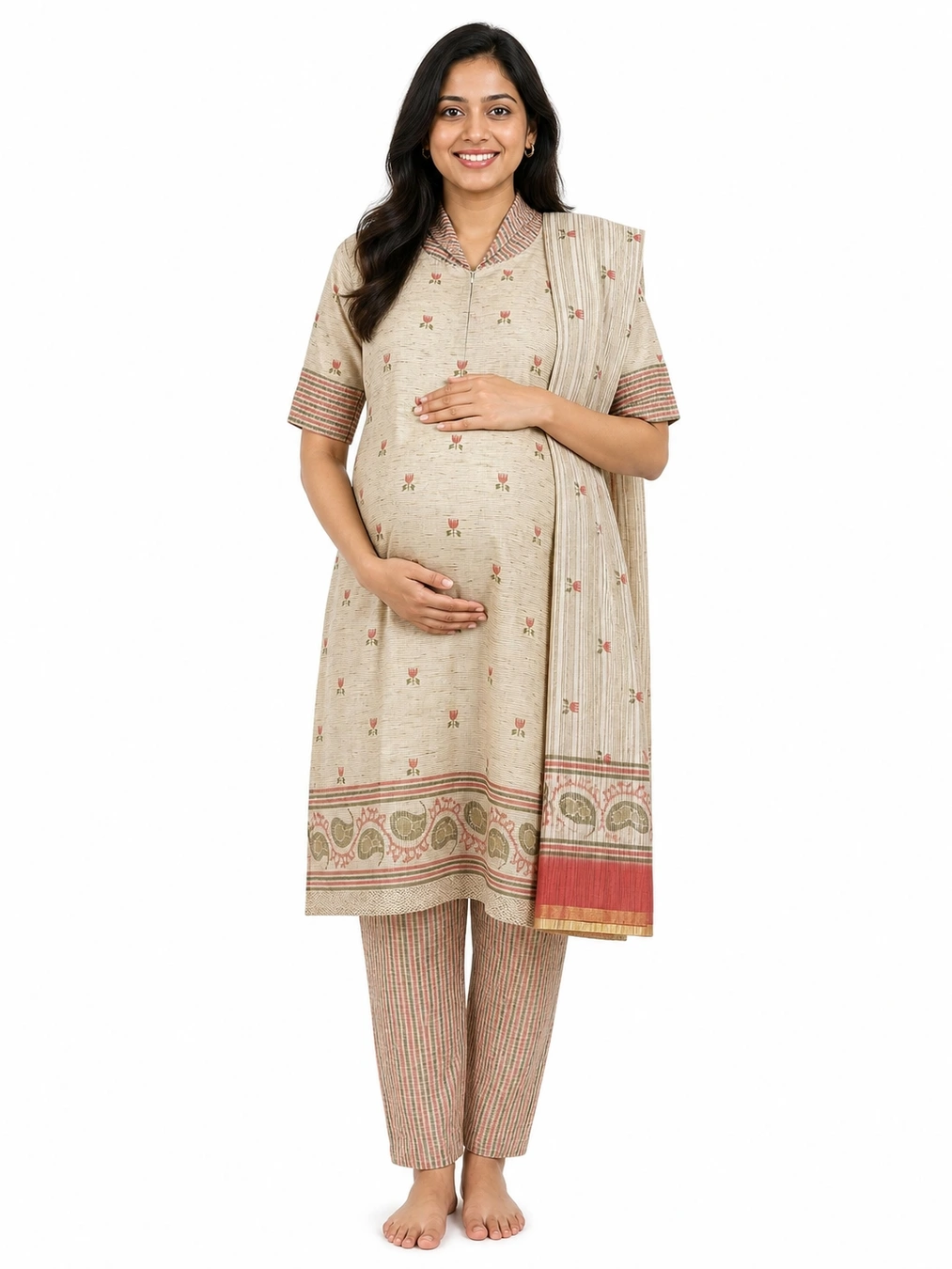 Cream Feeding Top Set with Centre Nursing Zip with a shawl, pant and multiple nursing openings