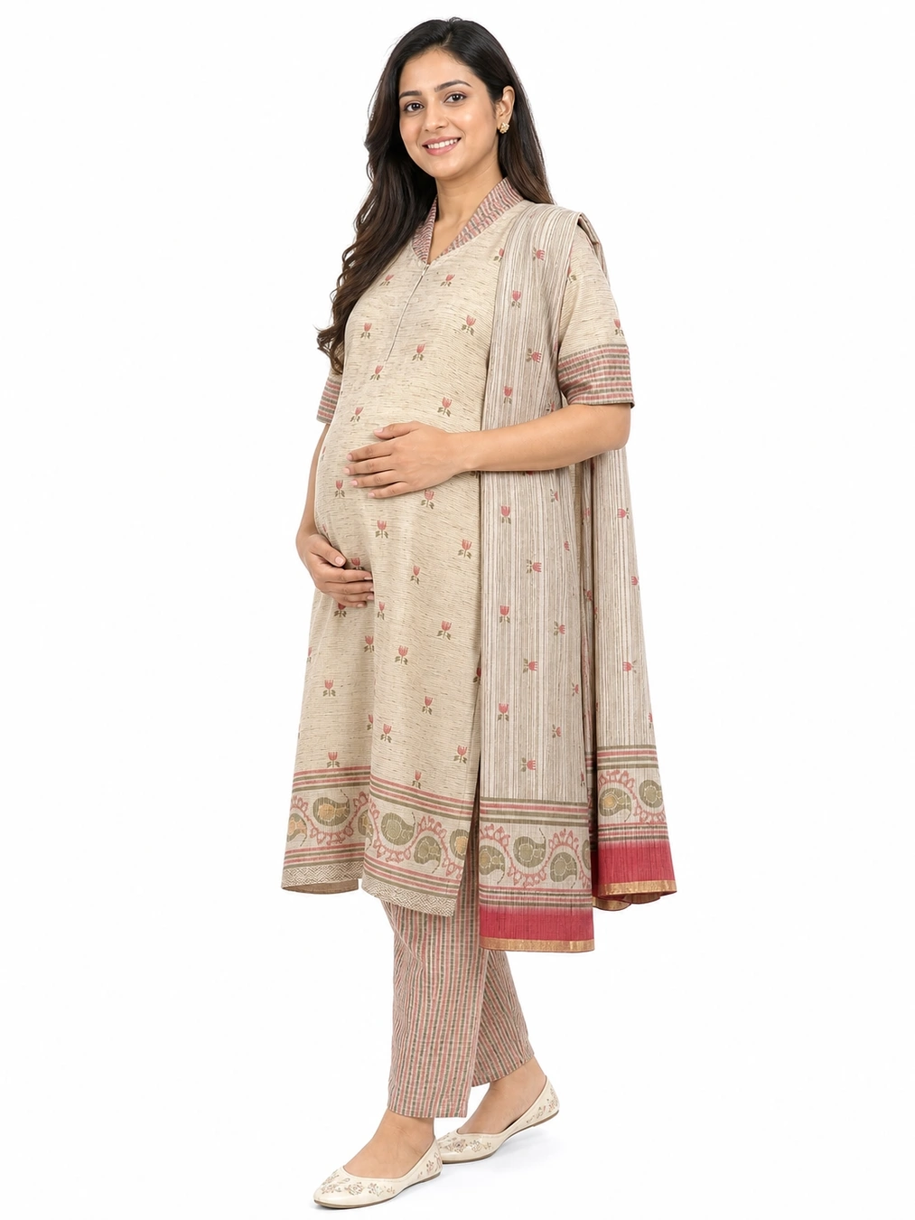 Cream Feeding Top Set with Centre Nursing Zip with a shawl, pant and multiple nursing openings