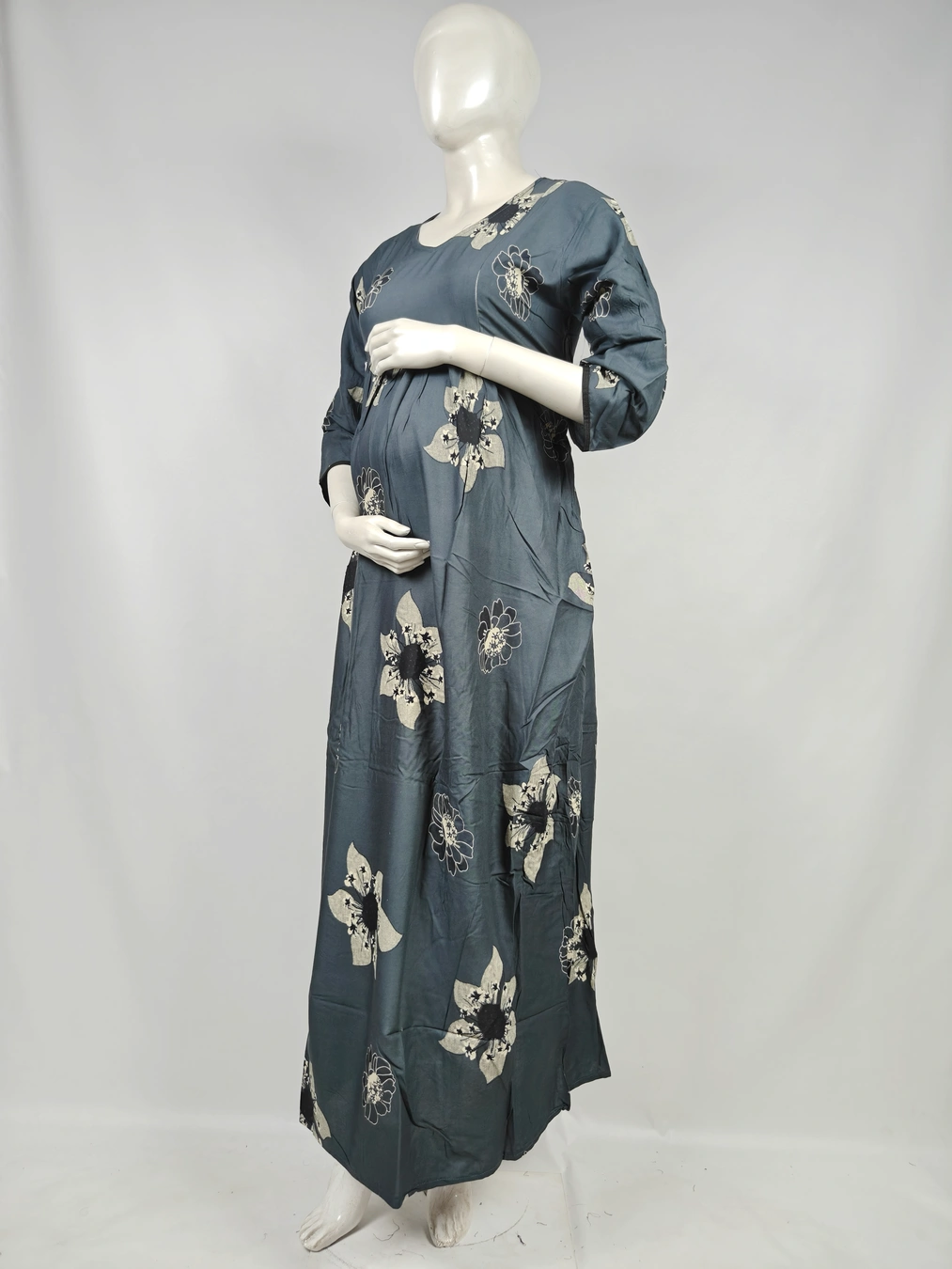 Ash Green Rayon Frill Feeding Nighty with ruffled waist detail and dual concealed nursing zips