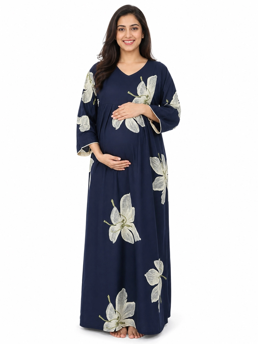 Navy Blue Alpine Frill Feeding Nighty with ruffled waist detail and dual concealed nursing zips