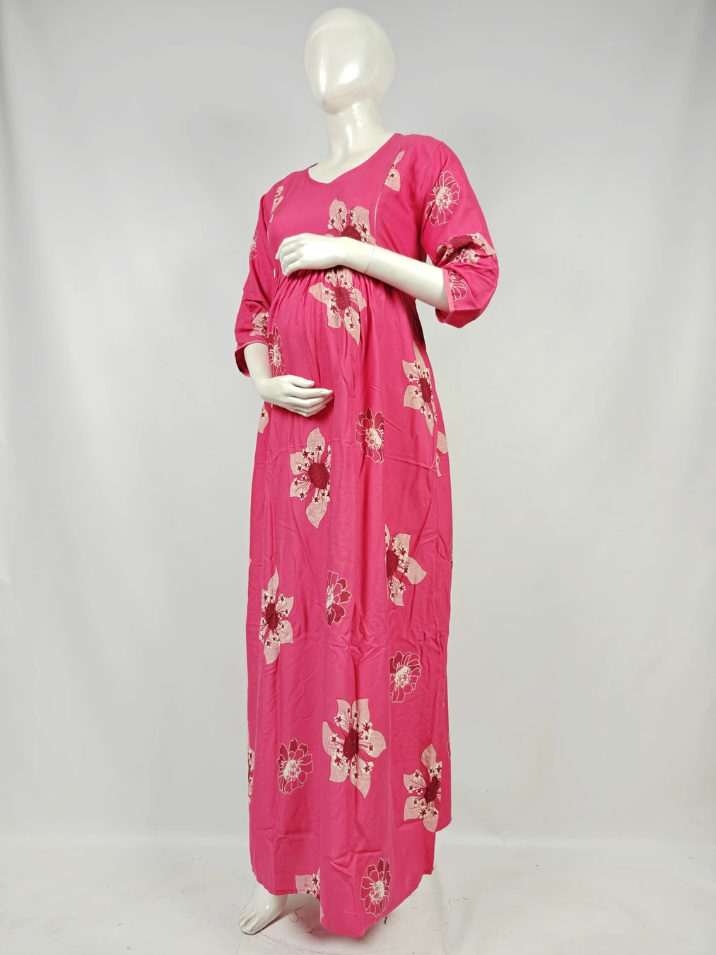 Magenta Pink Rayon Frill Feeding Nighty with ruffled waist detail and dual concealed nursing zips
