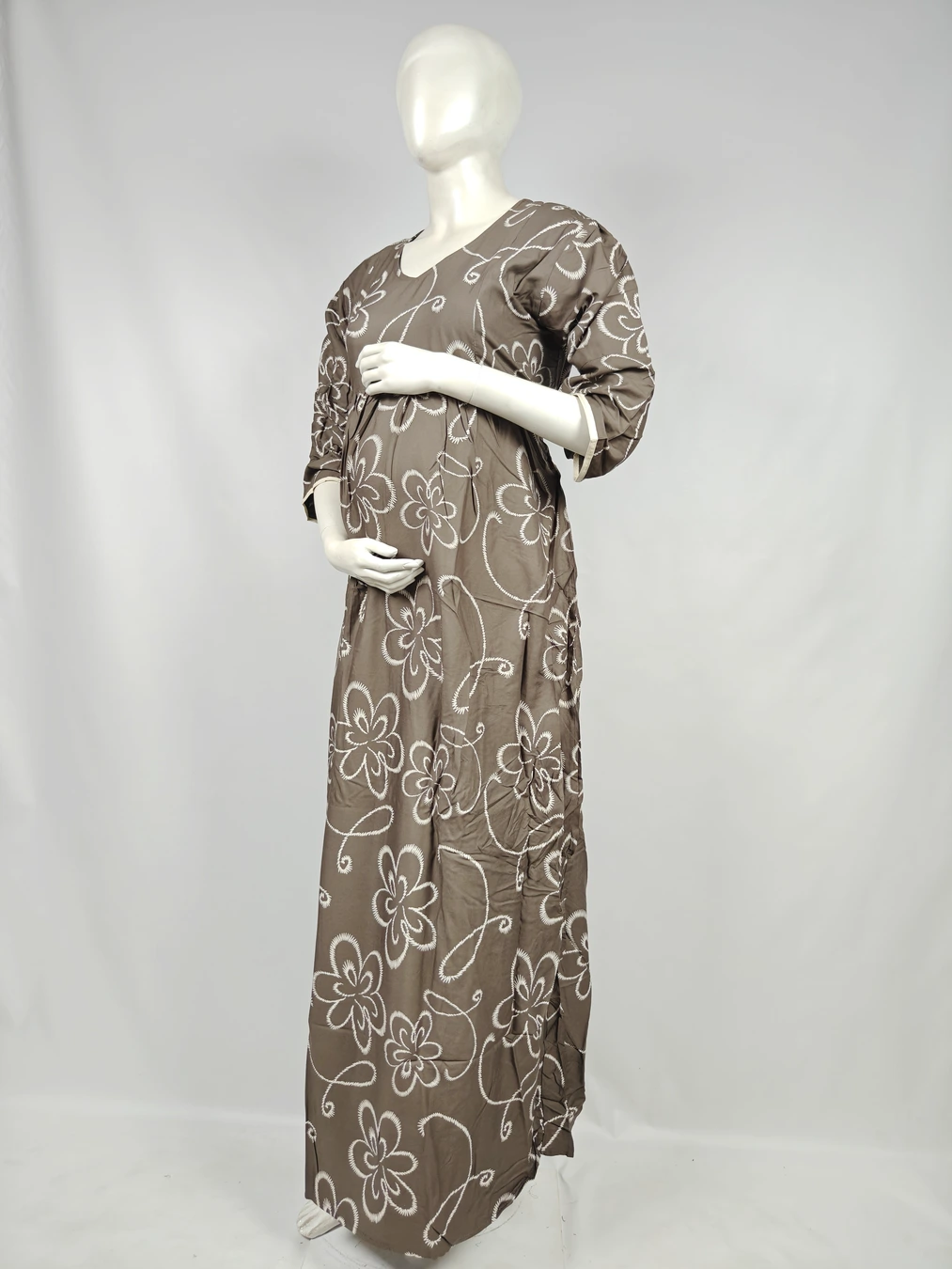 Pale Brown Rayon Frill Feeding Nighty with ruffled waist detail and dual concealed nursing zips