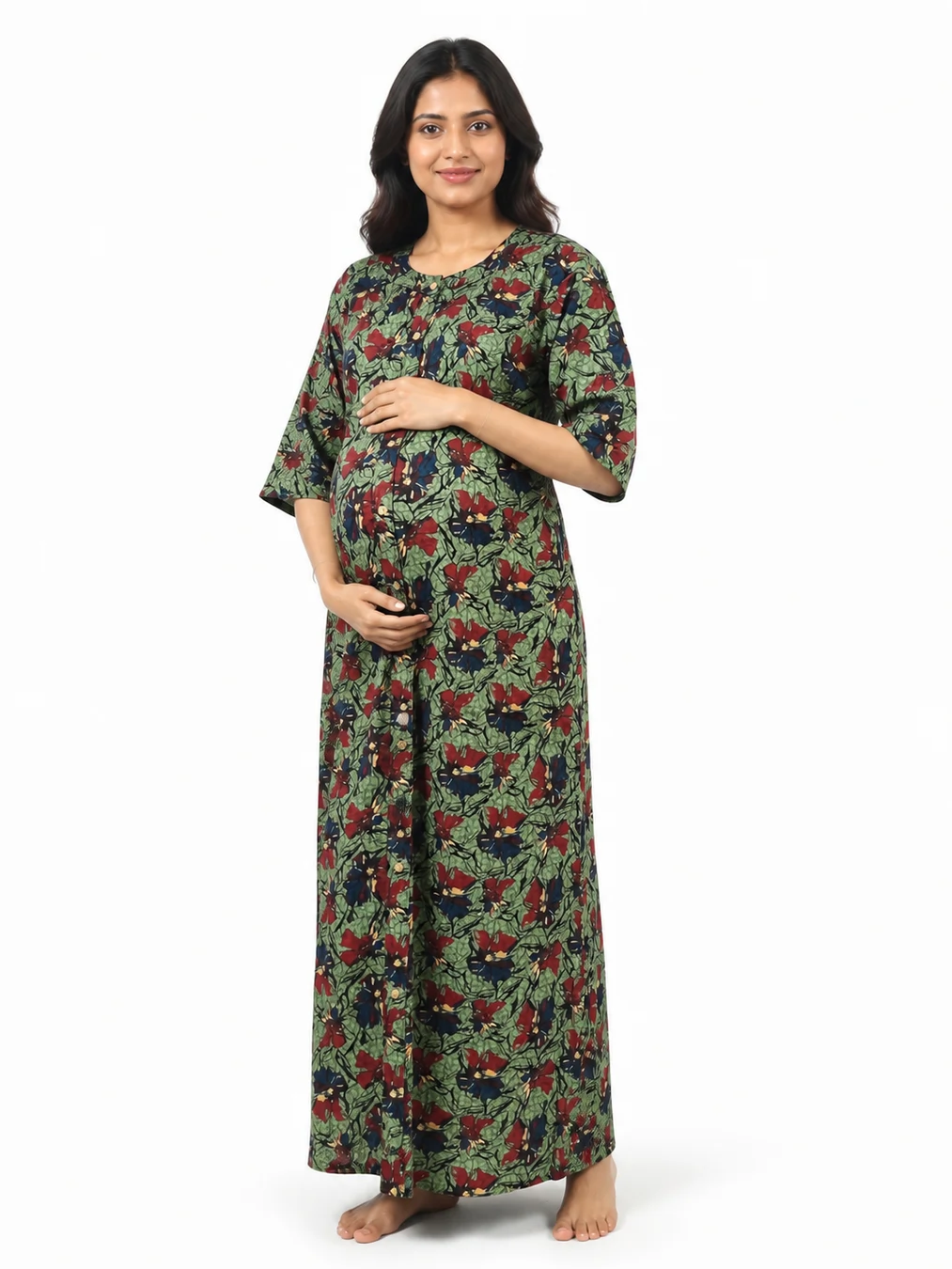 Green cotton maternity nighty with full-front button opening