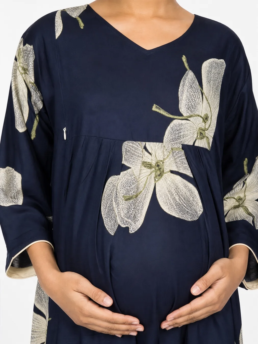 Navy Blue Alpine Frill Feeding Nighty with ruffled waist detail and dual concealed nursing zips