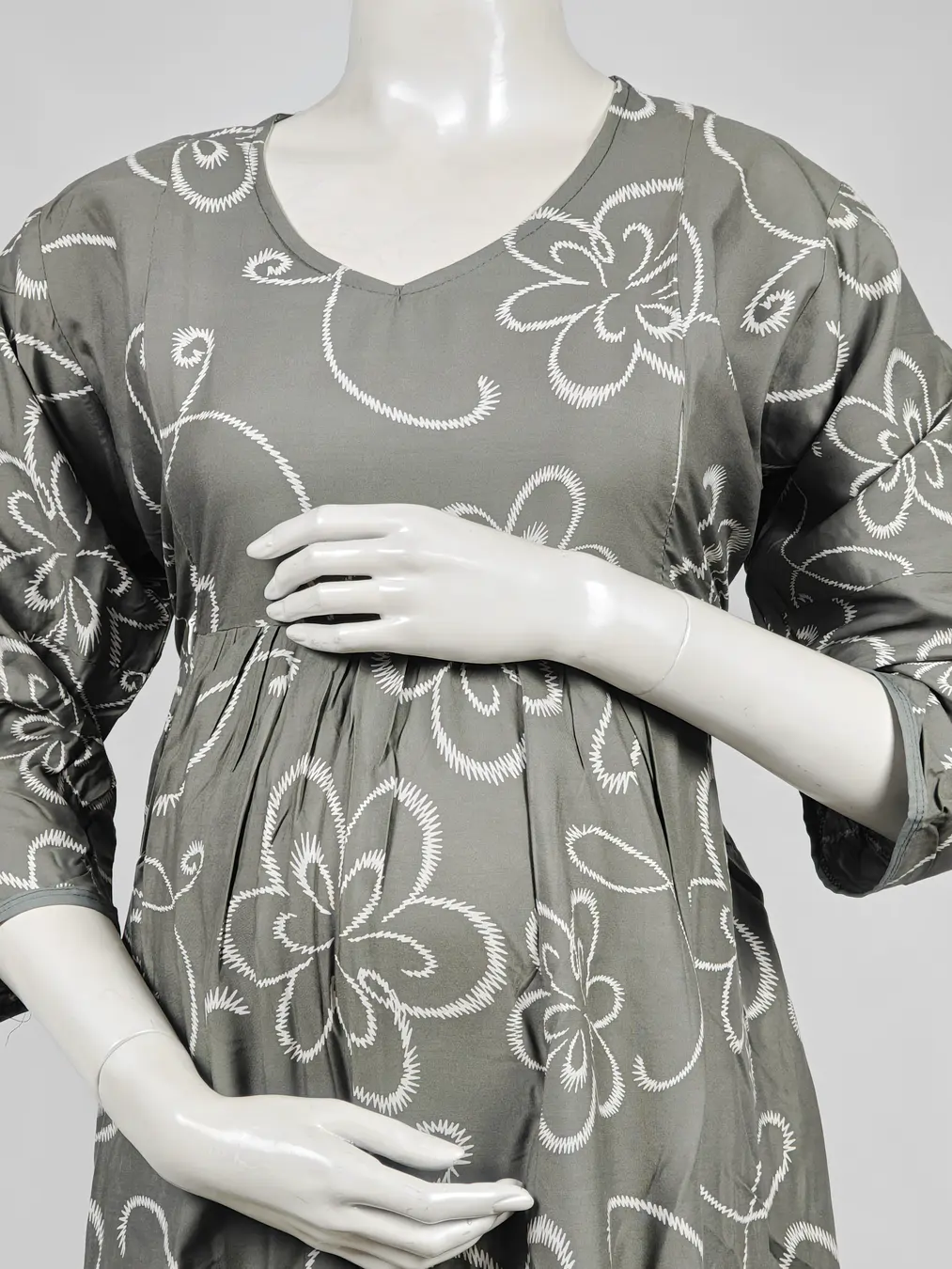 Pale Olive Rayon Frill Feeding Nighty with ruffled waist detail and dual concealed nursing zips