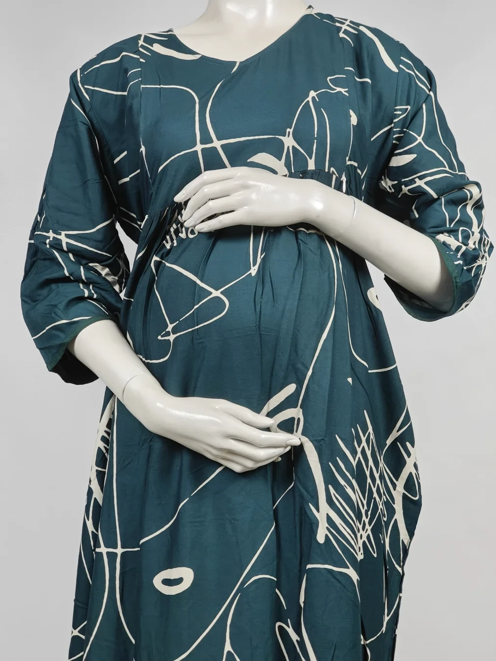 Green Rayon Frill Feeding Nighty with ruffled waist detail and dual concealed nursing zips