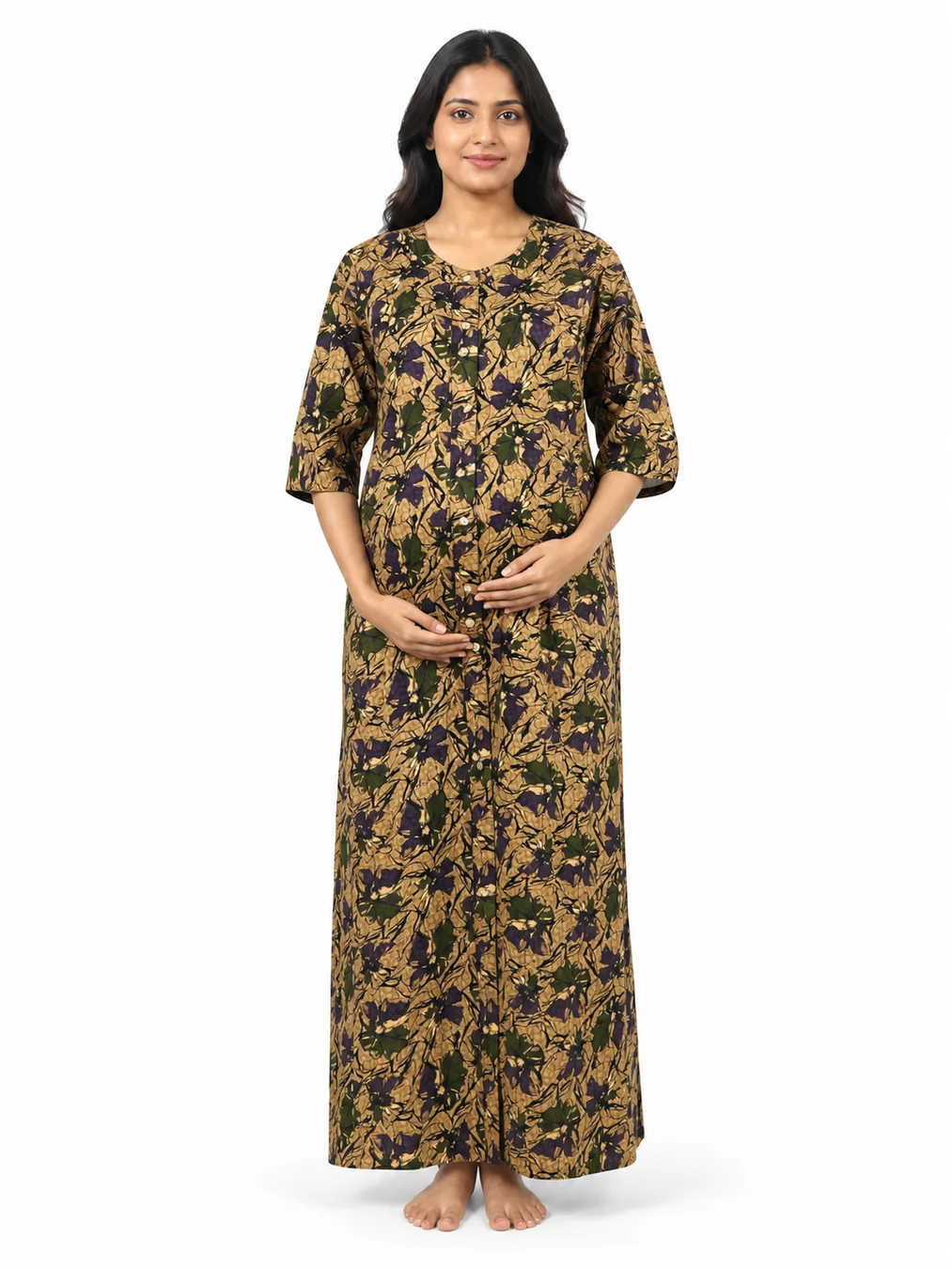 Yellow cotton maternity nighty with full-front button opening
