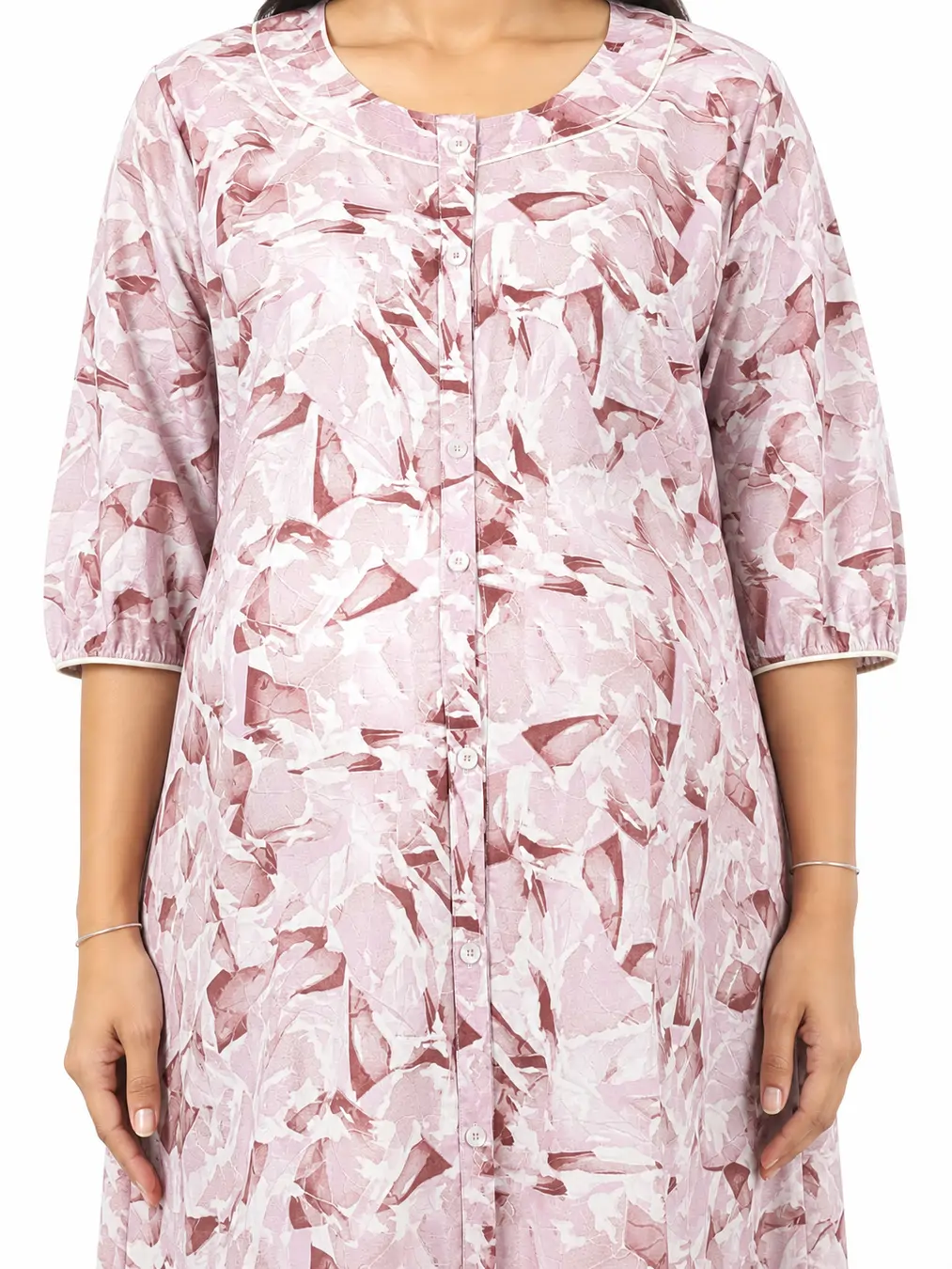 Light Pink Cotton Maternity Front Open Nighty with full-front button opening and three-quarter sleeves