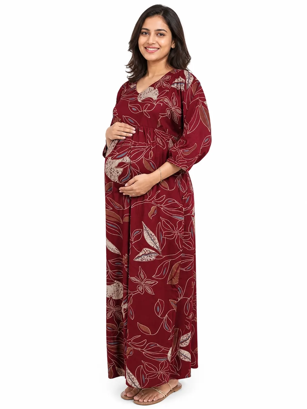 Maroon Alpine frill feeding nighty with concealed nursing zips