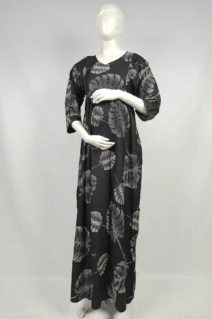 Black Rayon Frill Feeding Nighty with ruffled waist detail and dual concealed nursing zips