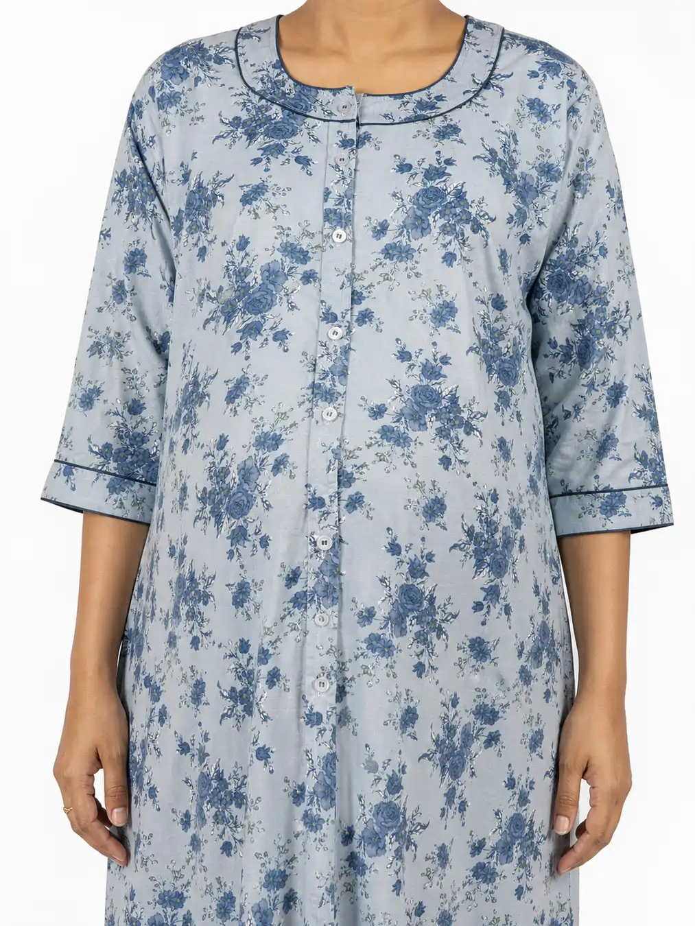 Ice Blue Cotton Front Open Hospital Nighty with full-front button opening and three-quarter sleeves