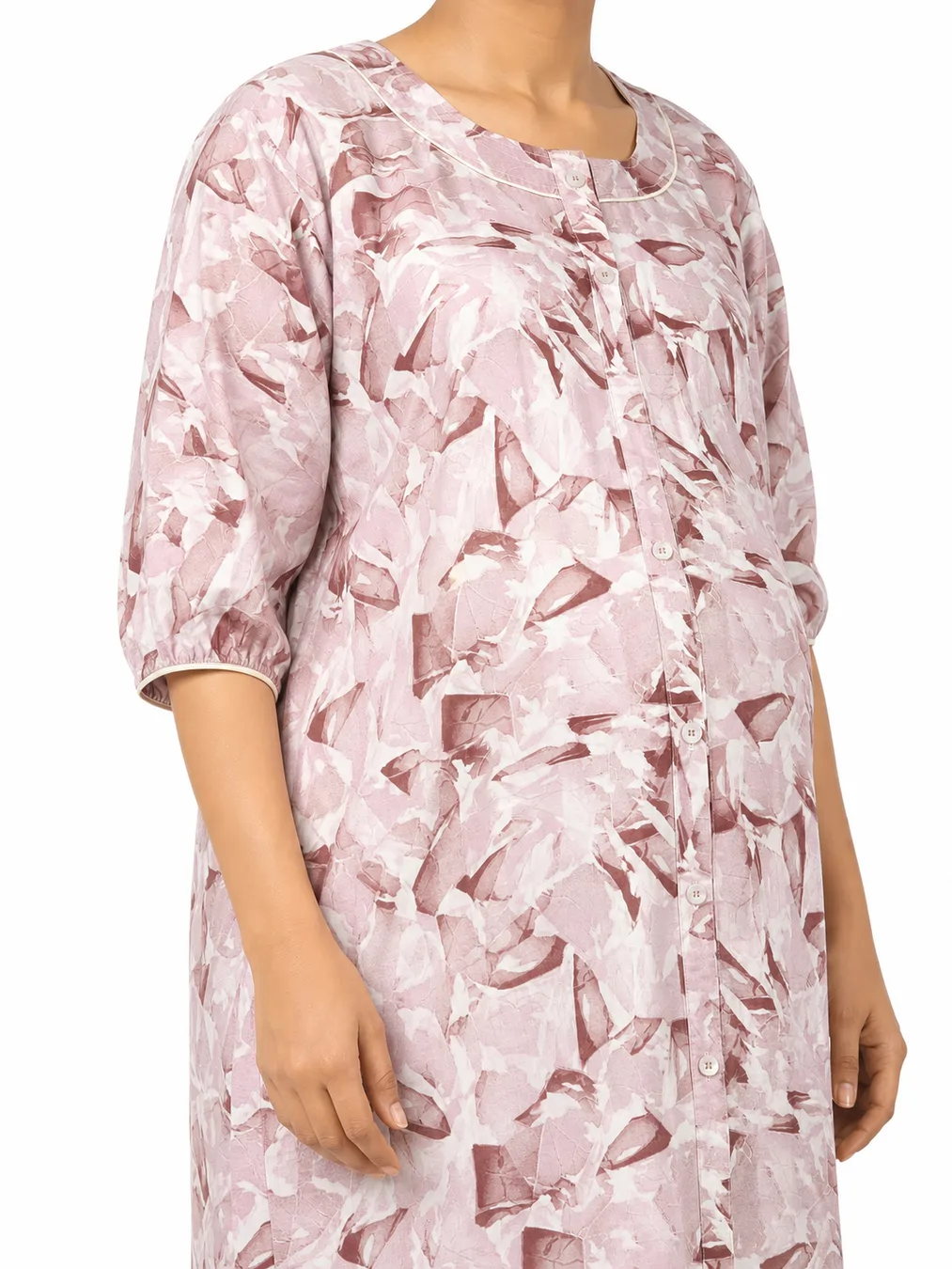 Light Pink Cotton Maternity Front Open Nighty with full-front button opening and three-quarter sleeves