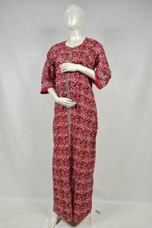 Red cotton maternity nighty with full-front button opening
