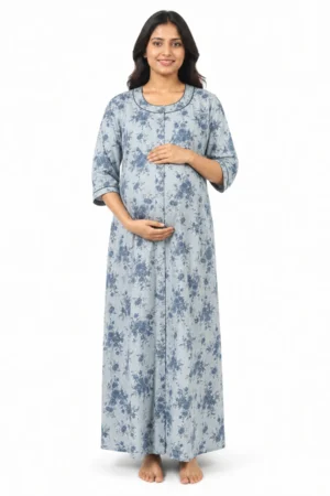 Ice Blue Cotton Front Open Hospital Nighty with full-front button opening and three-quarter sleeves