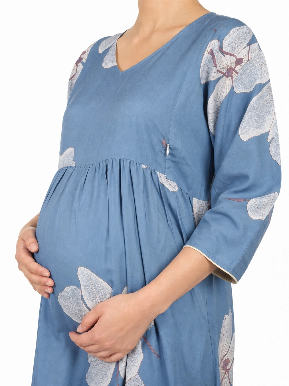 Light Blue Alpine Frill Feeding Nighty with ruffled waist detail and dual concealed nursing zips