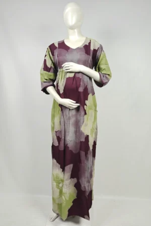 Maroon Alpine Frill Feeding Nighty with ruffled waist detail and dual concealed nursing zips