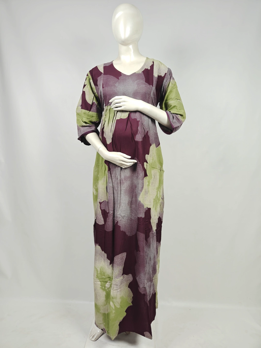 Maroon Alpine Frill Feeding Nighty with ruffled waist detail and dual concealed nursing zips