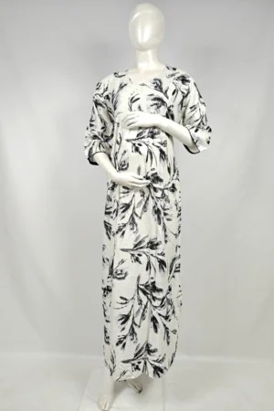Off White & Black Rayon Frill Feeding Nighty with ruffled waist detail and side-zip nursing access