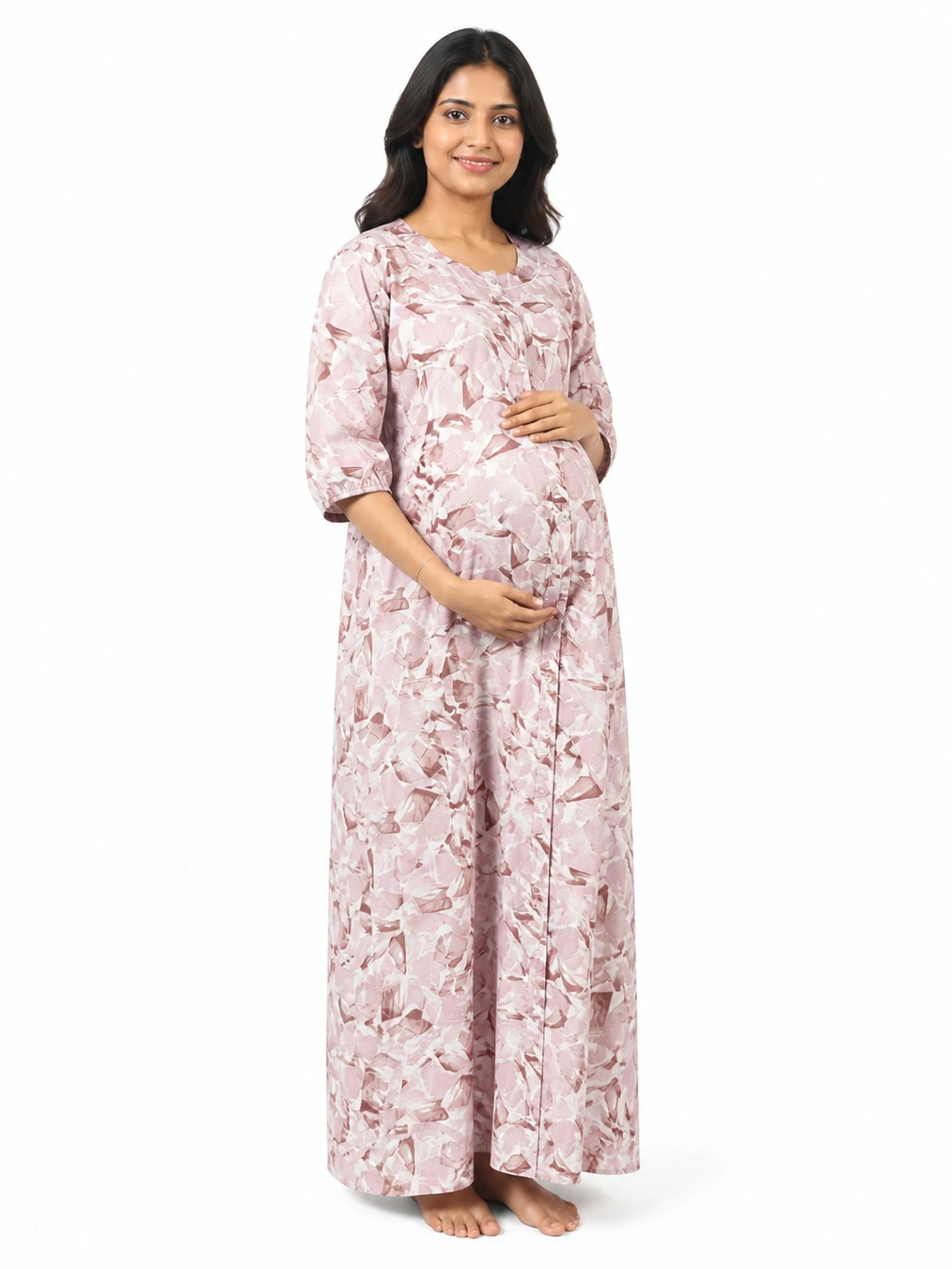 Light Pink Cotton Maternity Front Open Nighty with full-front button opening and three-quarter sleeves