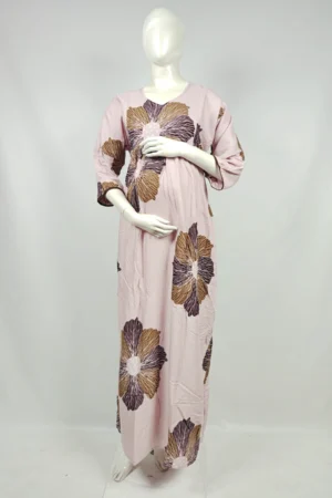 Light Rose Rayon Frill Feeding Nighty with ruffled waist detail and side-zip nursing access