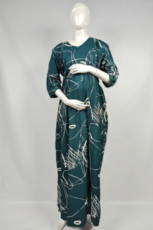 Green Rayon Frill Feeding Nighty with ruffled waist detail and dual concealed nursing zips