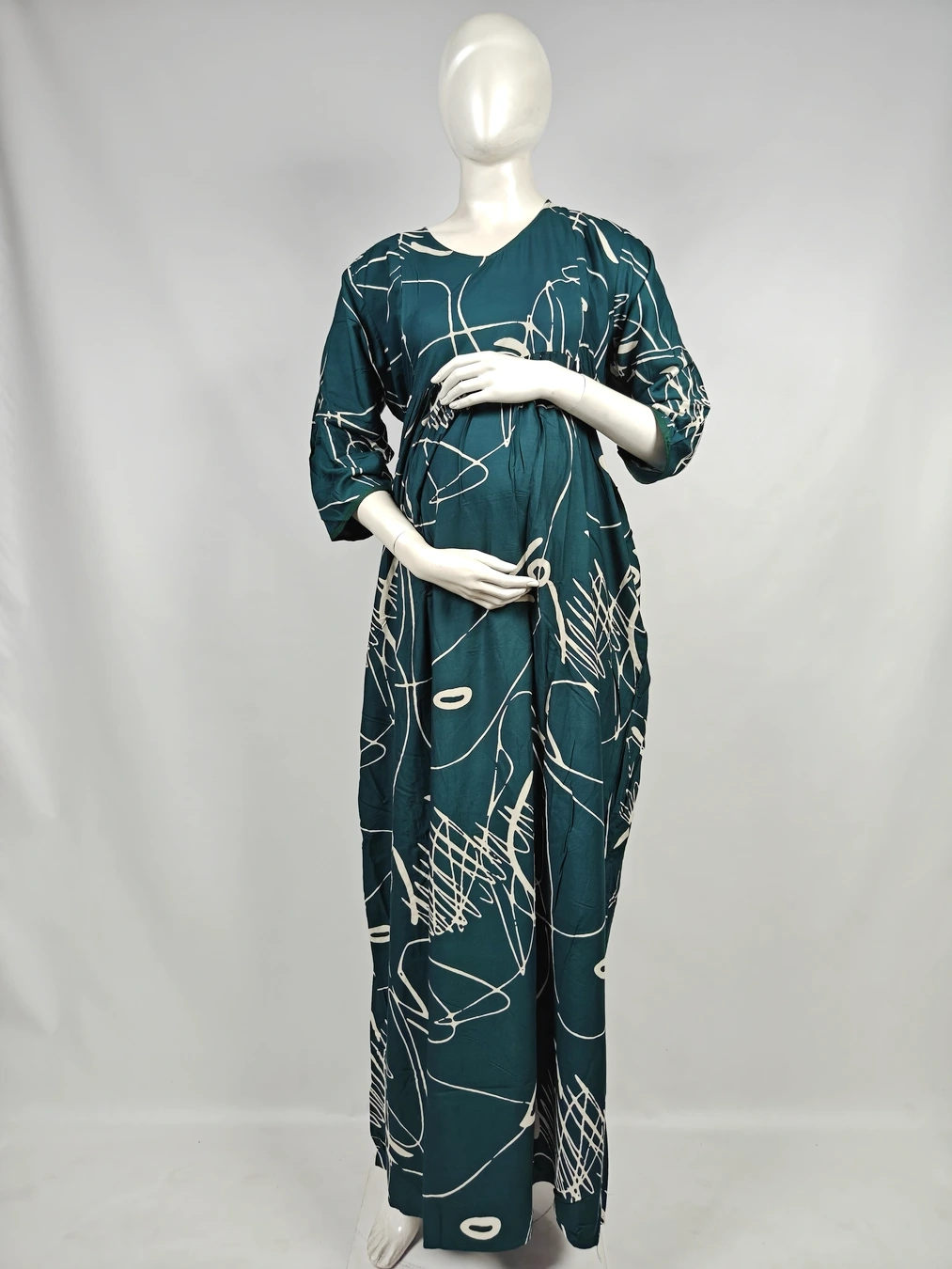 Green Rayon Frill Feeding Nighty with ruffled waist detail and dual concealed nursing zips