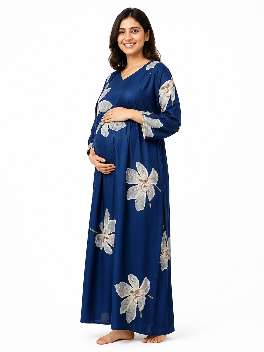 Blue Alpine Frill Feeding Nighty with ruffled waist detail and dual concealed nursing zips