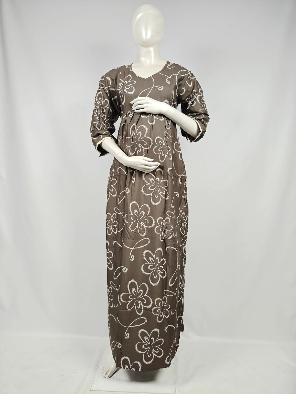 Pale Brown Rayon Frill Feeding Nighty with ruffled waist detail and dual concealed nursing zips
