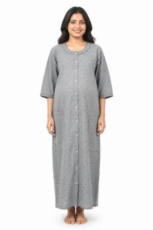 Ash Cotton Maternity Front Open Nighty with full-front button opening and three-quarter sleeves