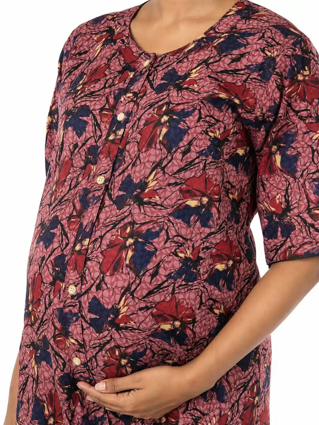 Rose cotton maternity nighty with full-front button opening