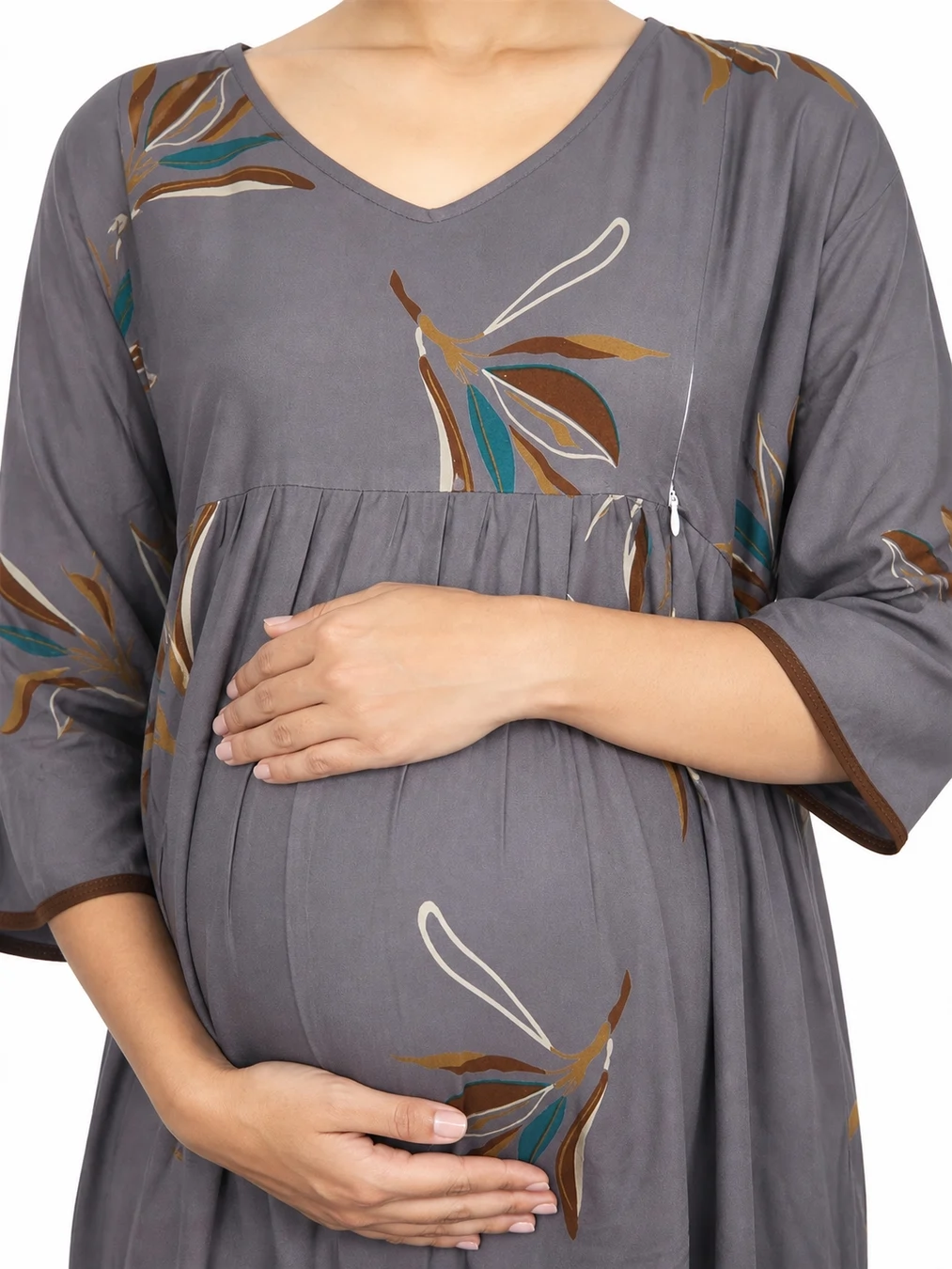 Navy Blue Alpine Frill Feeding Nighty with ruffled waist detail and dual concealed nursing zips