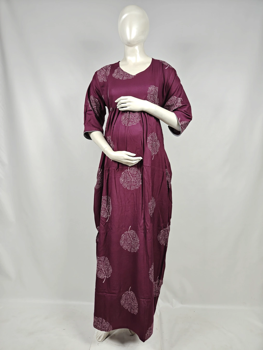 Maroon Alpine Frill Feeding Nighty with ruffled waist detail and dual concealed nursing zips