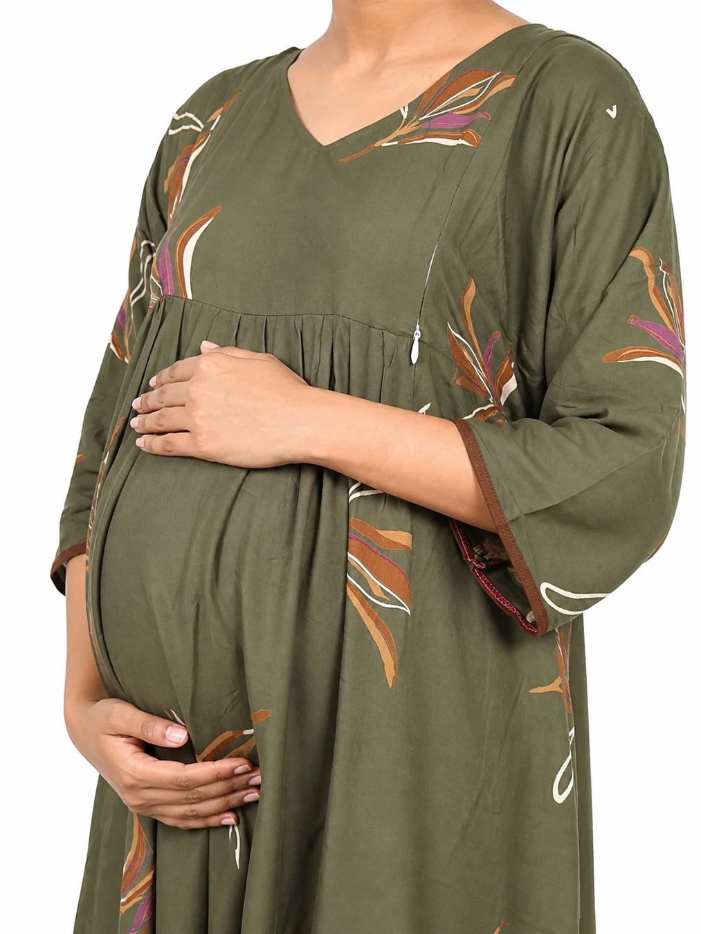 Olive Green Rayon Frill Feeding Nighty with ruffled waist detail and dual concealed nursing zips