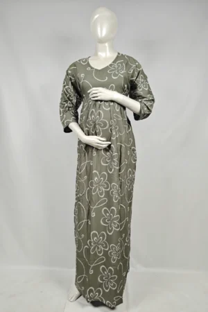 Pale Olive Rayon Frill Feeding Nighty with ruffled waist detail and dual concealed nursing zips