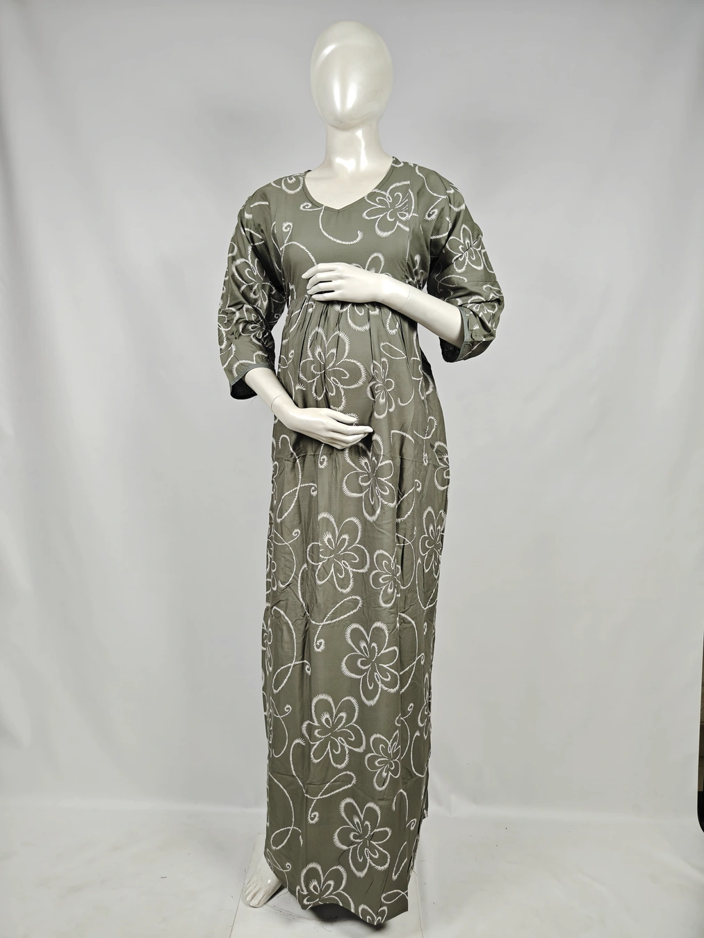 Pale Olive Rayon Frill Feeding Nighty with ruffled waist detail and dual concealed nursing zips
