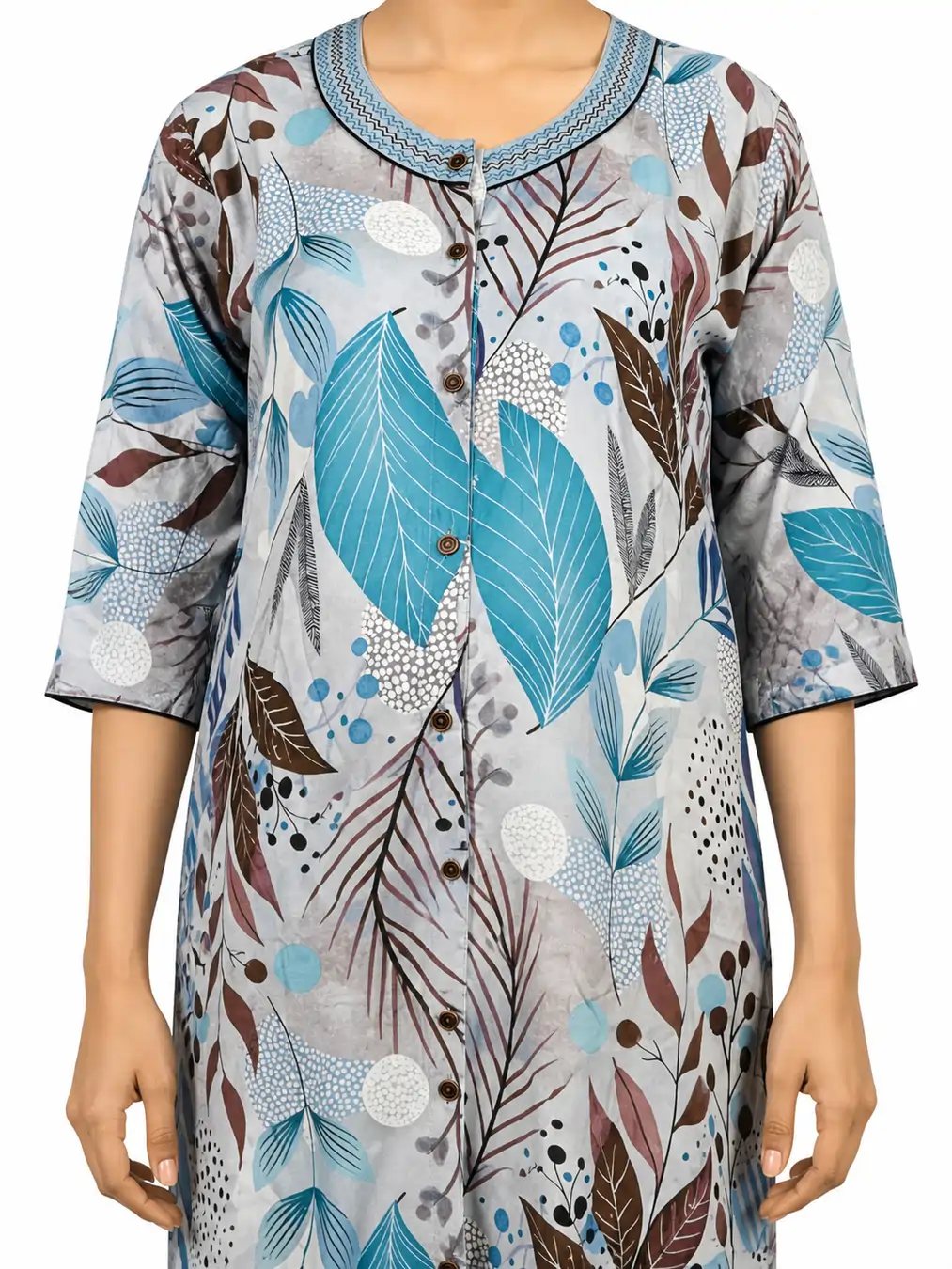 Ice Blue rayon front-open nighty with full button opening