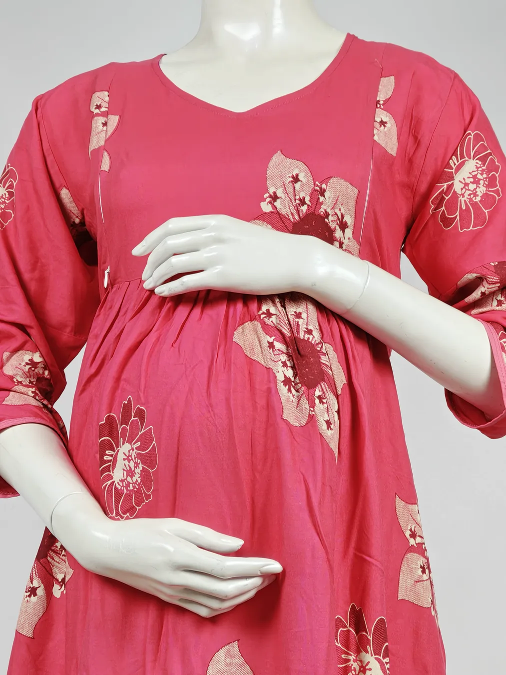 Magenta Pink Rayon Frill Feeding Nighty with ruffled waist detail and dual concealed nursing zips