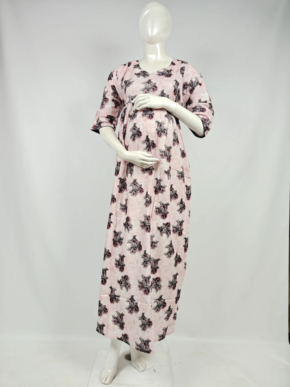 Light Rose frill feeding nighty with ruffled waist and concealed nursing zips