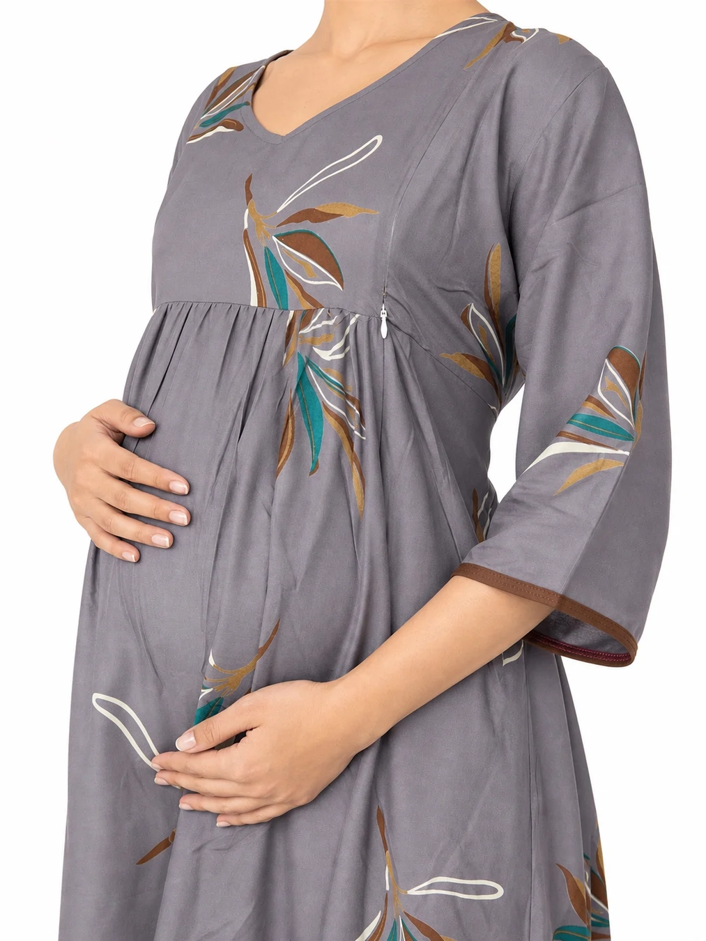 Navy Blue Alpine Frill Feeding Nighty with ruffled waist detail and dual concealed nursing zips