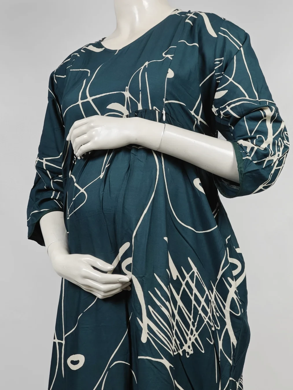 Green Rayon Frill Feeding Nighty with ruffled waist detail and dual concealed nursing zips