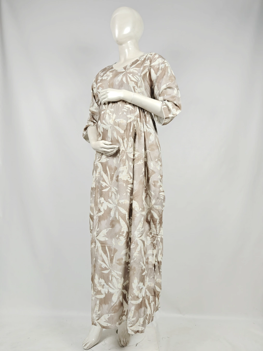 Sand Rayon Frill Feeding Nighty with ruffled waist detail and side-zip nursing access