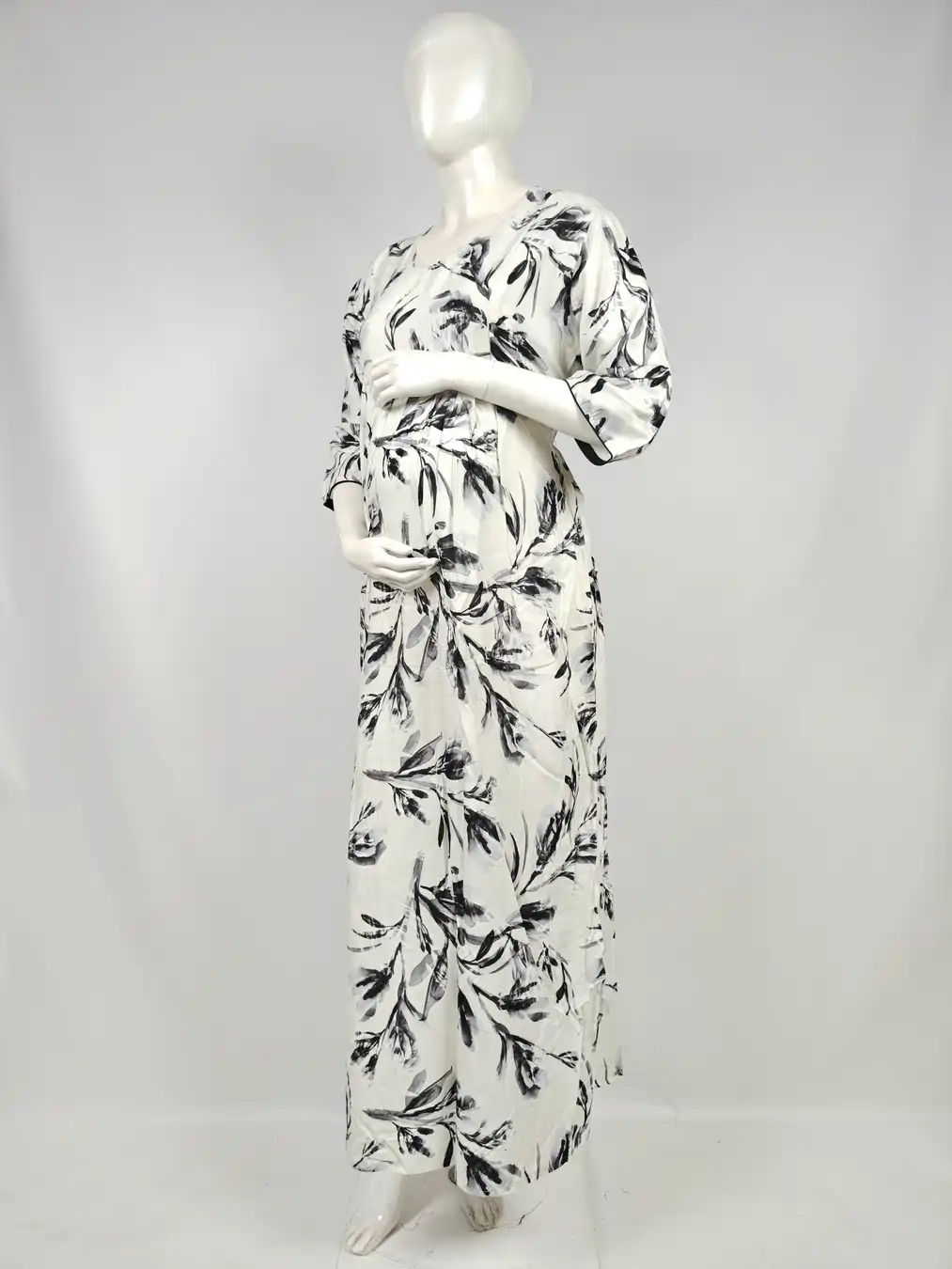 Off White & Black Rayon Frill Feeding Nighty with ruffled waist detail and side-zip nursing access