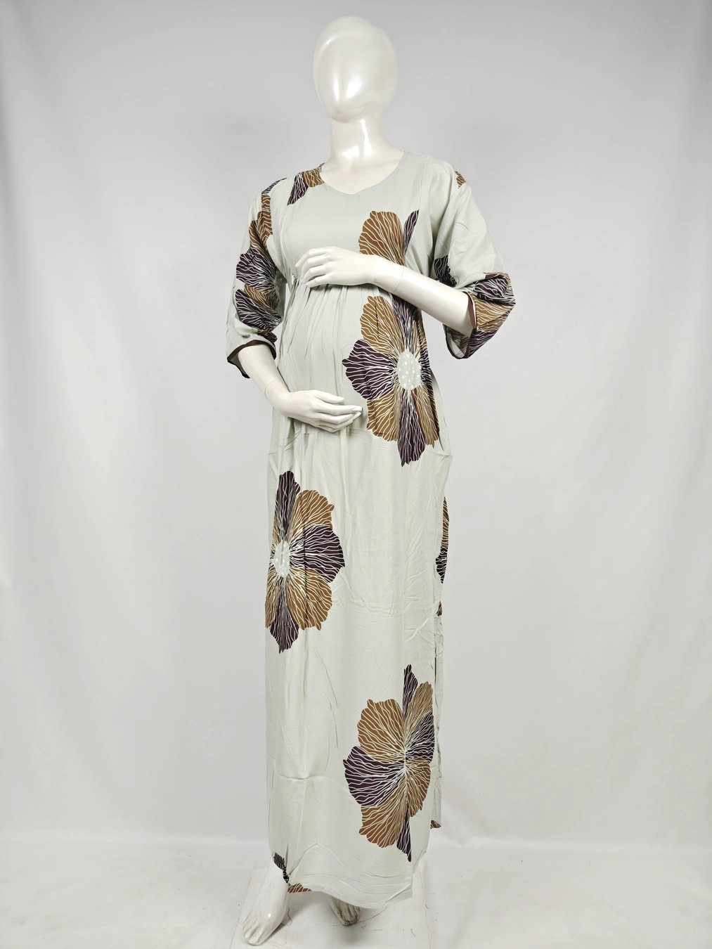 Light Rose Rayon Frill Feeding Nighty with ruffled waist detail and side-zip nursing access