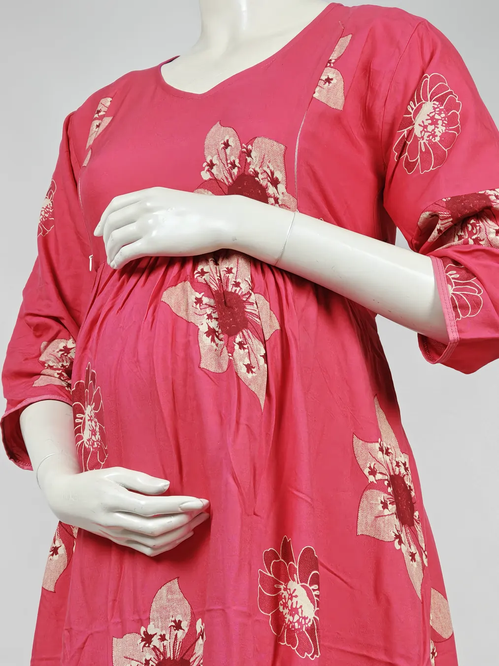 Magenta Pink Rayon Frill Feeding Nighty with ruffled waist detail and dual concealed nursing zips