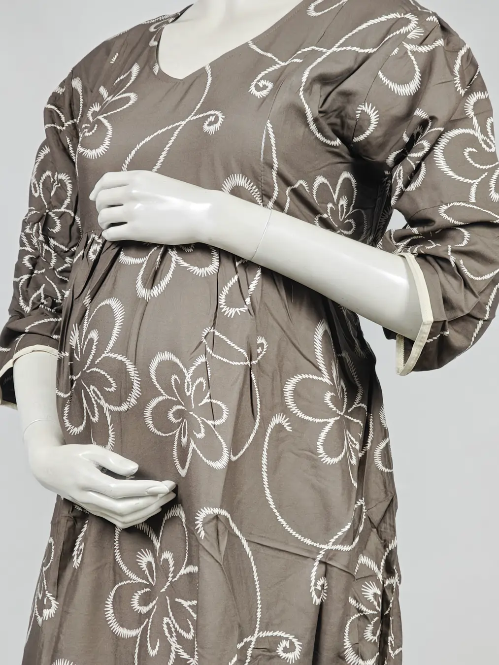 Pale Brown Rayon Frill Feeding Nighty with ruffled waist detail and dual concealed nursing zips