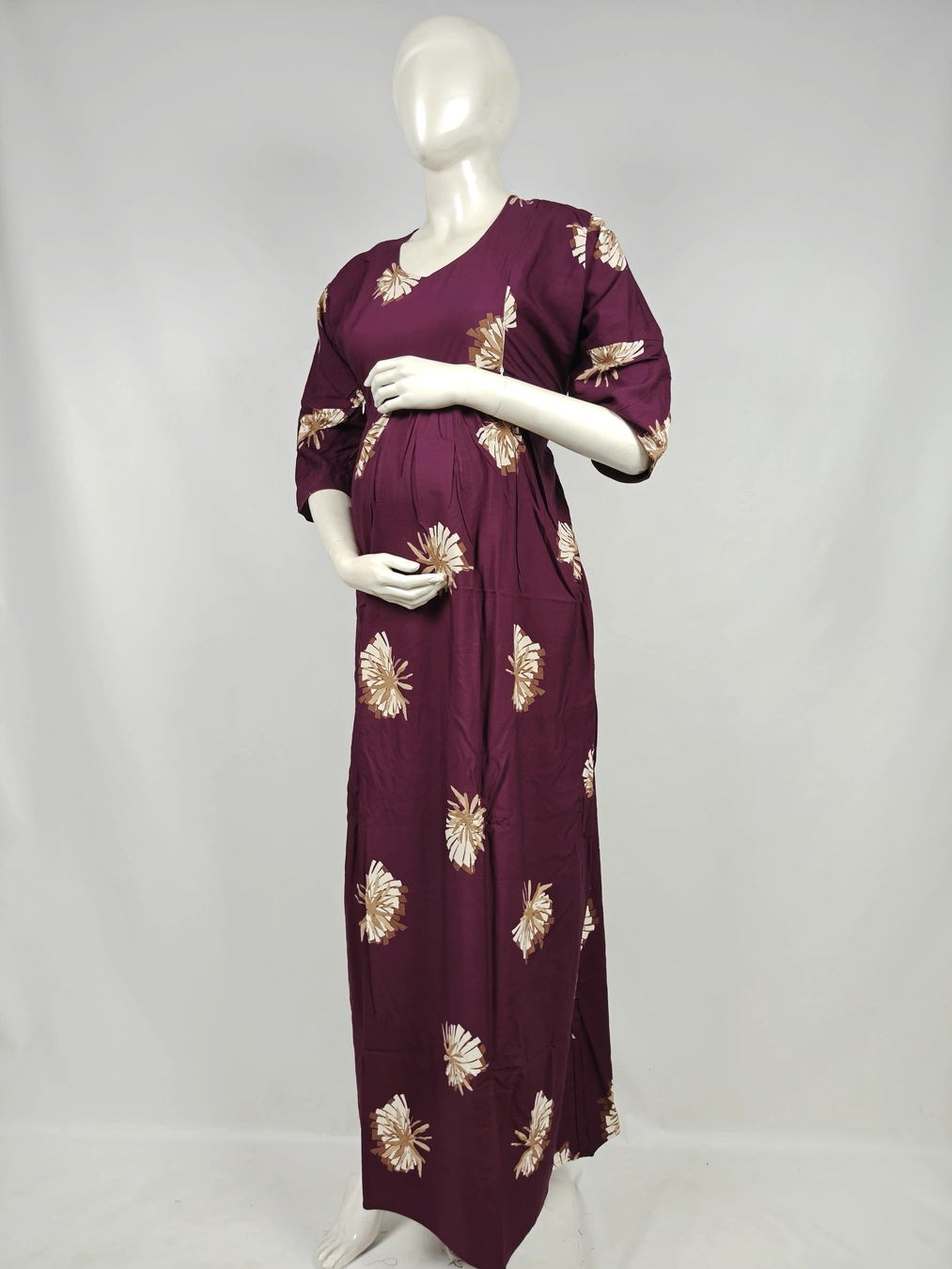 Maroon rayon frill feeding nighty with concealed nursing zips